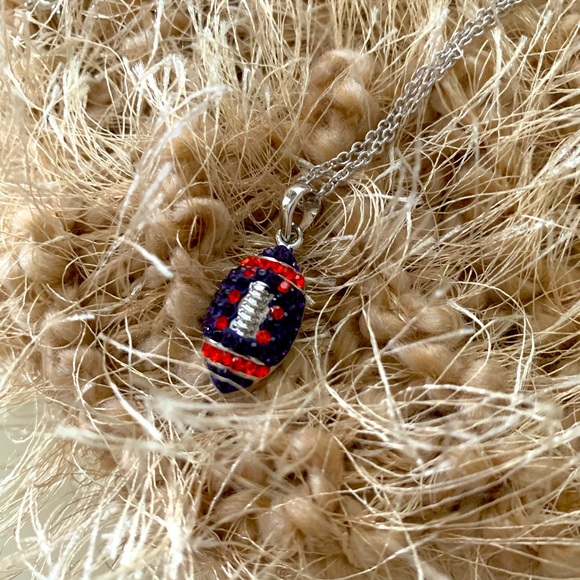 NWOT - BLUE & ORANGE CRYSTAL FOOTBALL NECKLACE - Picture 1 of 2